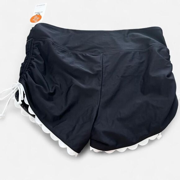 ATTRACO feminine black white girly ruched tie side High Waisted Swim Boy Shorts - Picture 4 of 7